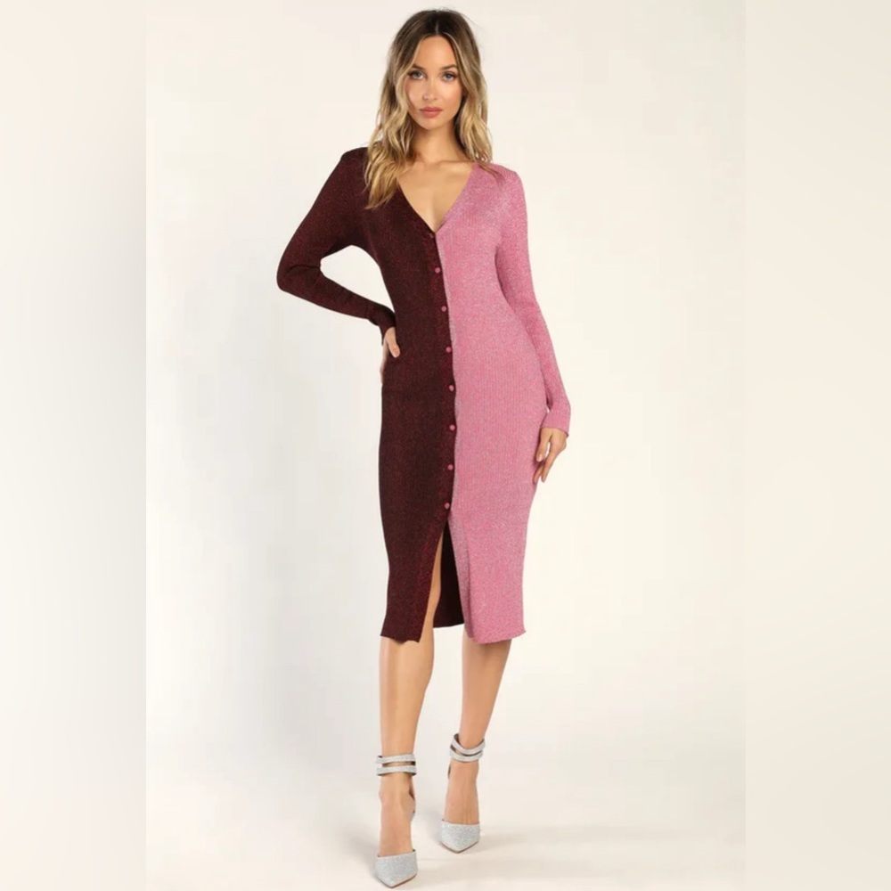 Shiny Burgundy & Pink Color Block Sweater Dress